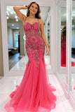Exquisite Pink Beaded Spaghetti Strap Trumpet Long Gown BM bride