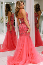 Exquisite Pink Beaded Spaghetti Strap Trumpet Long Gown BM bride