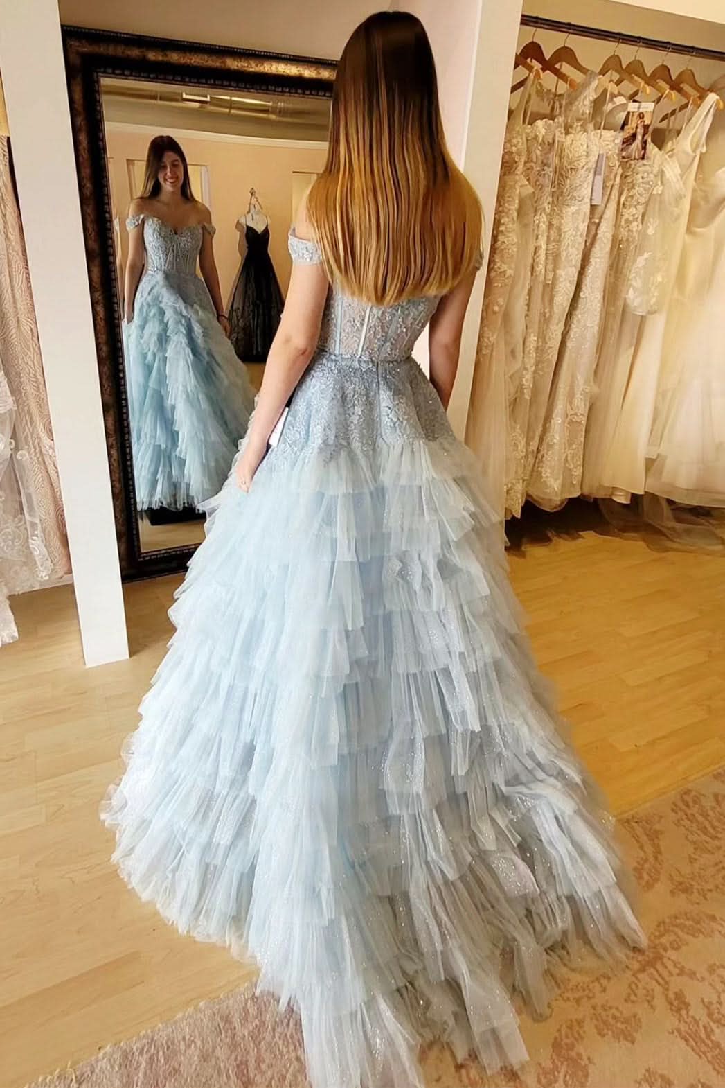 Dreamy Light Blue Appliques Off-the-Shoulder Ruffle Tiered Long Prom Dress BM bride