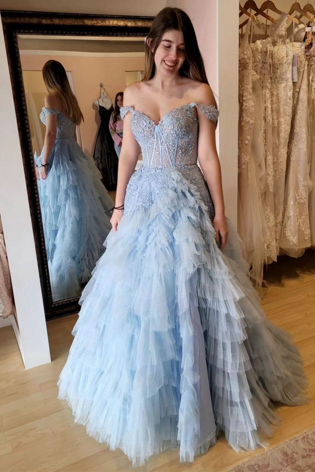Dreamy Light Blue Appliques Off-the-Shoulder Ruffle Tiered Long Prom Dress BM bride