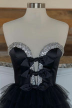 Charming Black Strapless Bow Ruffle Long Prom Dress with a Sophisticated Slit BM bride
