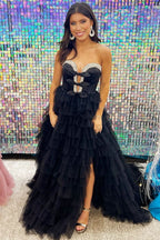 Charming Black Strapless Bow Ruffle Long Prom Dress with a Sophisticated Slit BM bride