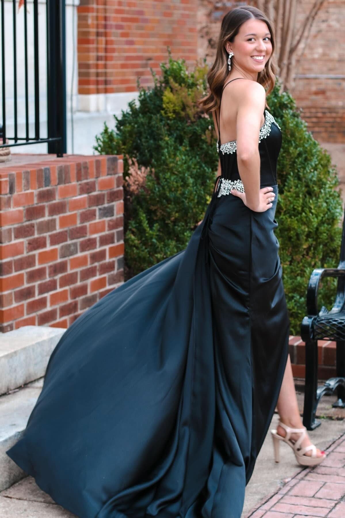 Striking Black Rhinestone V-Neck Long Formal Dress with a Stylish Attached Train BM bride
