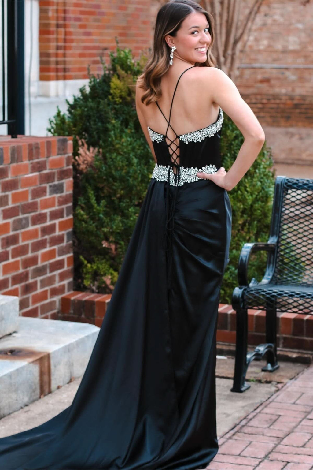 Striking Black Rhinestone V-Neck Long Formal Dress with a Stylish Attached Train BM bride