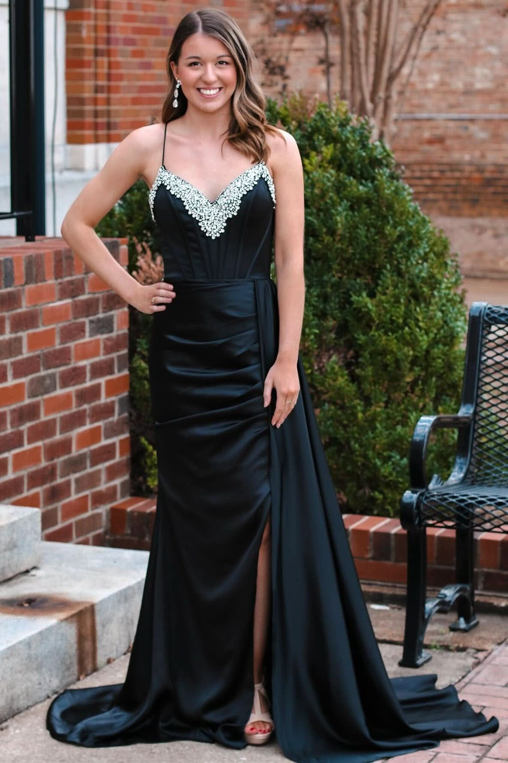 Striking Black Rhinestone V-Neck Long Formal Dress with a Stylish Attached Train BM bride