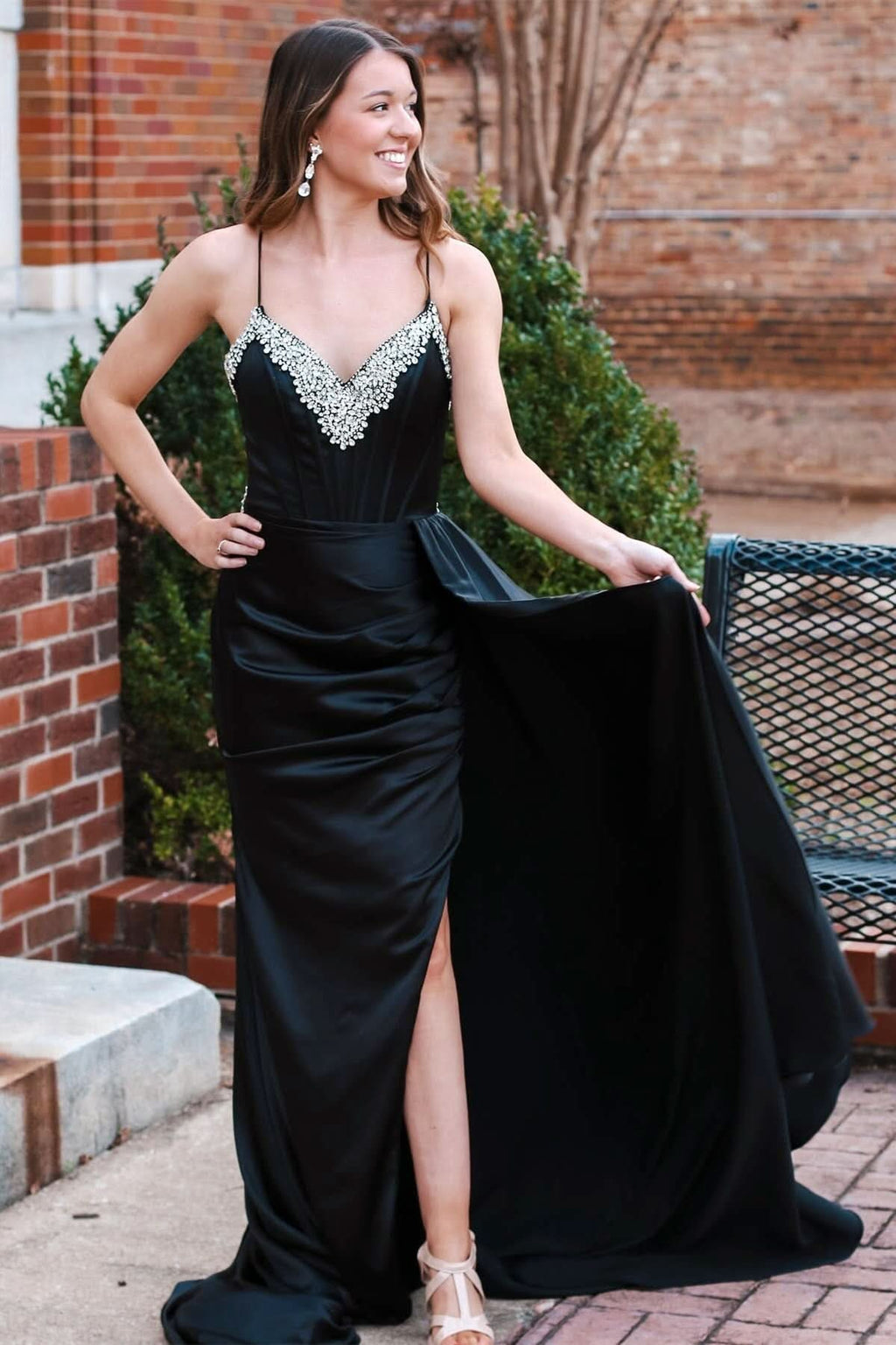 Striking Black Rhinestone V-Neck Long Formal Dress with a Stylish Attached Train BM bride