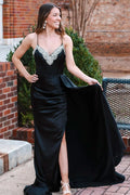 Striking Black Rhinestone V-Neck Long Formal Dress with a Stylish Attached Train BM bride
