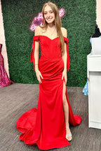 Romantic Red Off-the-Shoulder Bow Sleeve Mermaid Long Prom Dress with a Slit BM bride