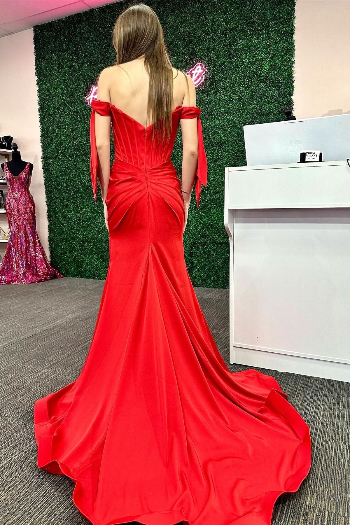 Romantic Red Off-the-Shoulder Bow Sleeve Mermaid Long Prom Dress with a Slit BM bride