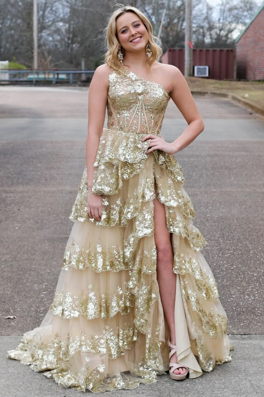 Beautiful Sheath One-Shoulder Tiered Lace Long Prom Dress BM bride
