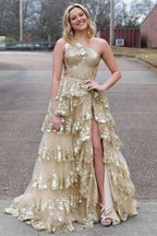 Beautiful Sheath One-Shoulder Tiered Lace Long Prom Dress BM bride