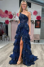 Beautiful Sheath One-Shoulder Tiered Lace Long Prom Dress BM bride