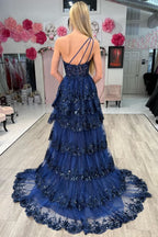 Beautiful Sheath One-Shoulder Tiered Lace Long Prom Dress BM bride