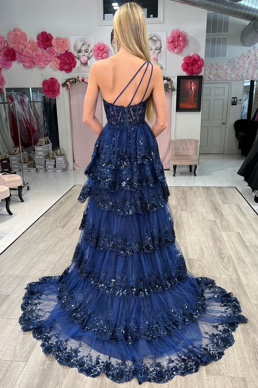 Beautiful Sheath One-Shoulder Tiered Lace Long Prom Dress BM bride