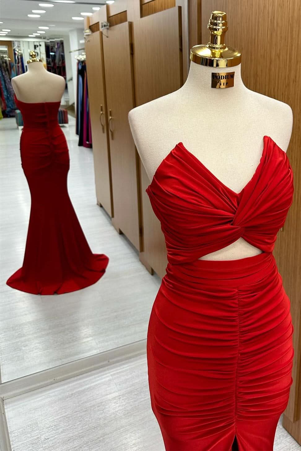 Stunning Red Strapless Twisted Knot Mermaid Long Formal Dress with Slit BM bride