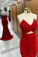 Stunning Red Strapless Twisted Knot Mermaid Long Formal Dress with Slit BM bride
