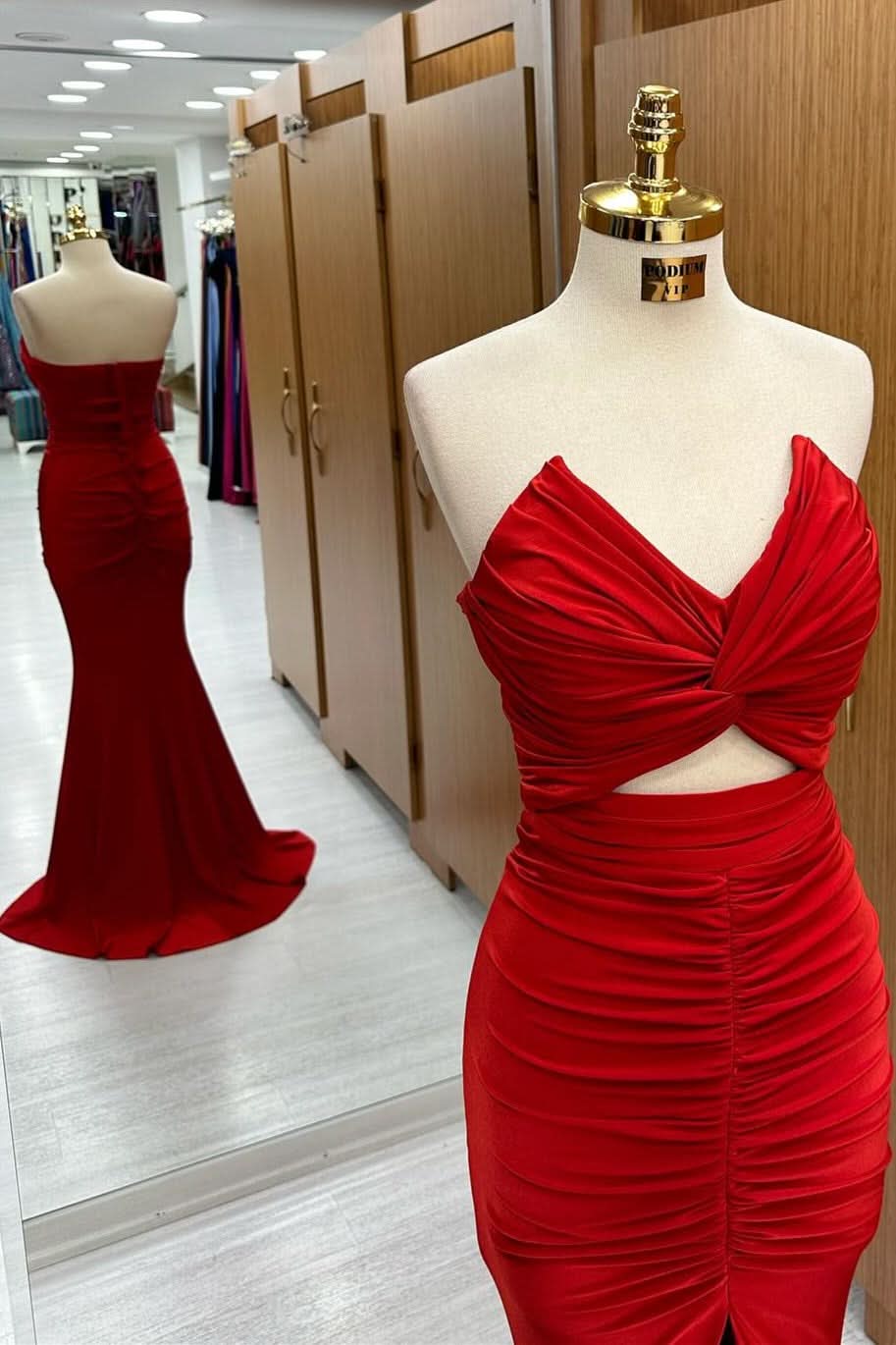 Stunning Red Strapless Twisted Knot Mermaid Long Formal Dress with Slit BM bride