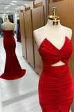 Stunning Red Strapless Twisted Knot Mermaid Long Formal Dress with Slit BM bride