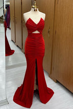 Stunning Red Strapless Twisted Knot Mermaid Long Formal Dress with Slit BM bride