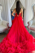 Lovely Red Tulle Appliques Sweetheart Ruffle Long Prom Dress BM bride