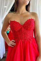 Lovely Red Tulle Appliques Sweetheart Ruffle Long Prom Dress BM bride