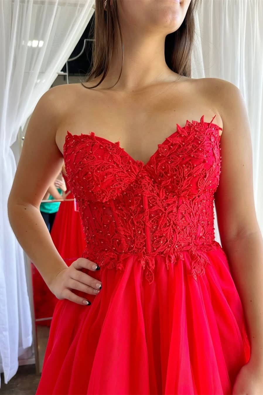 Lovely Red Tulle Appliques Sweetheart Ruffle Long Prom Dress BM bride