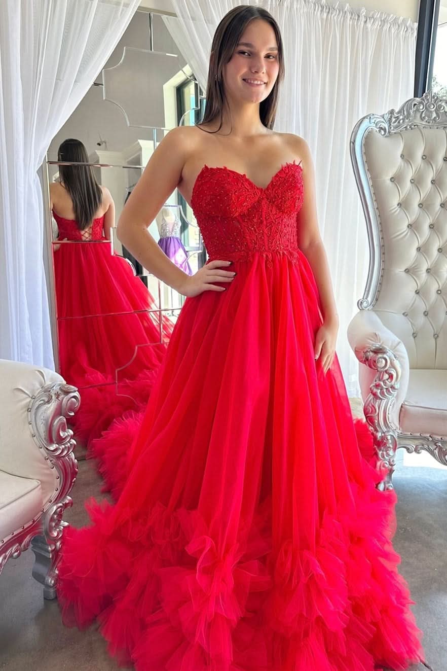 Lovely Red Tulle Appliques Sweetheart Ruffle Long Prom Dress BM bride