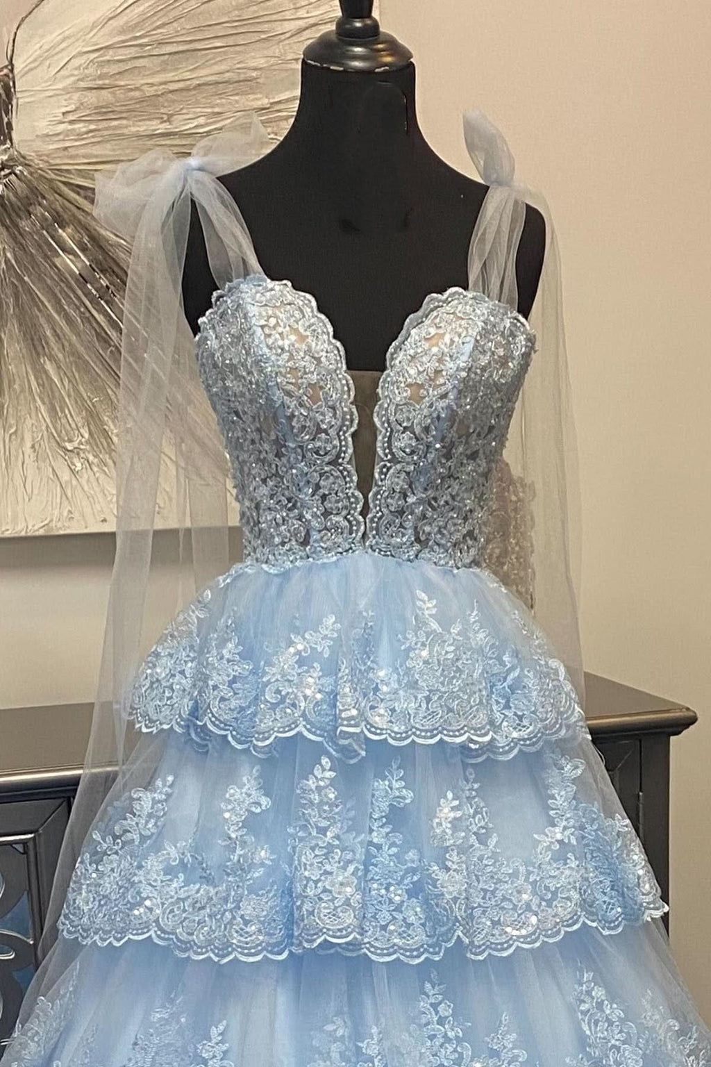 Charming Light Blue Tulle Appliques Tying Strap Ruffle Tiered Long Prom Dress BM bride