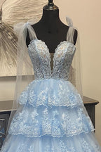Charming Light Blue Tulle Appliques Tying Strap Ruffle Tiered Long Prom Dress BM bride