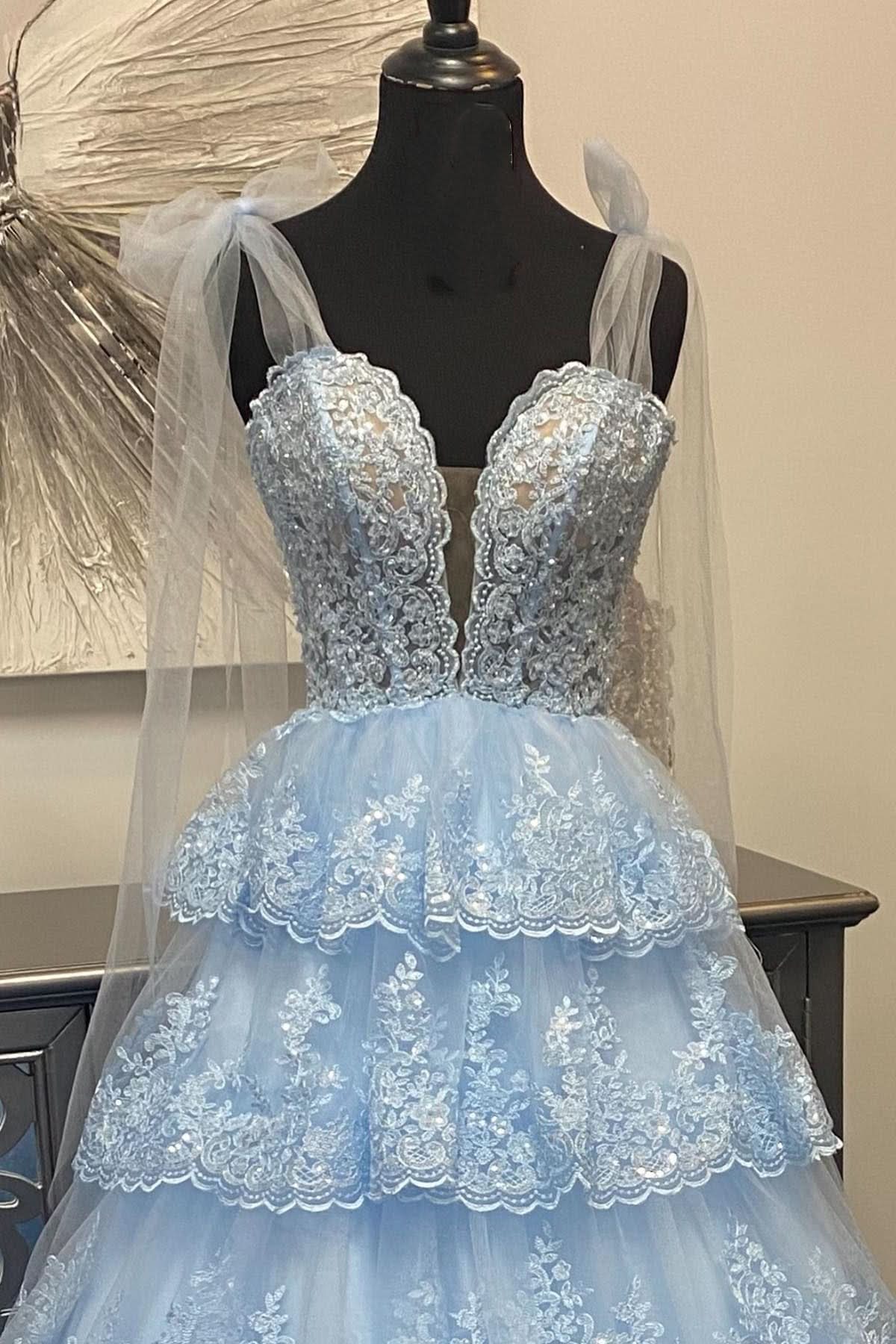 Charming Light Blue Tulle Appliques Tying Strap Ruffle Tiered Long Prom Dress BM bride