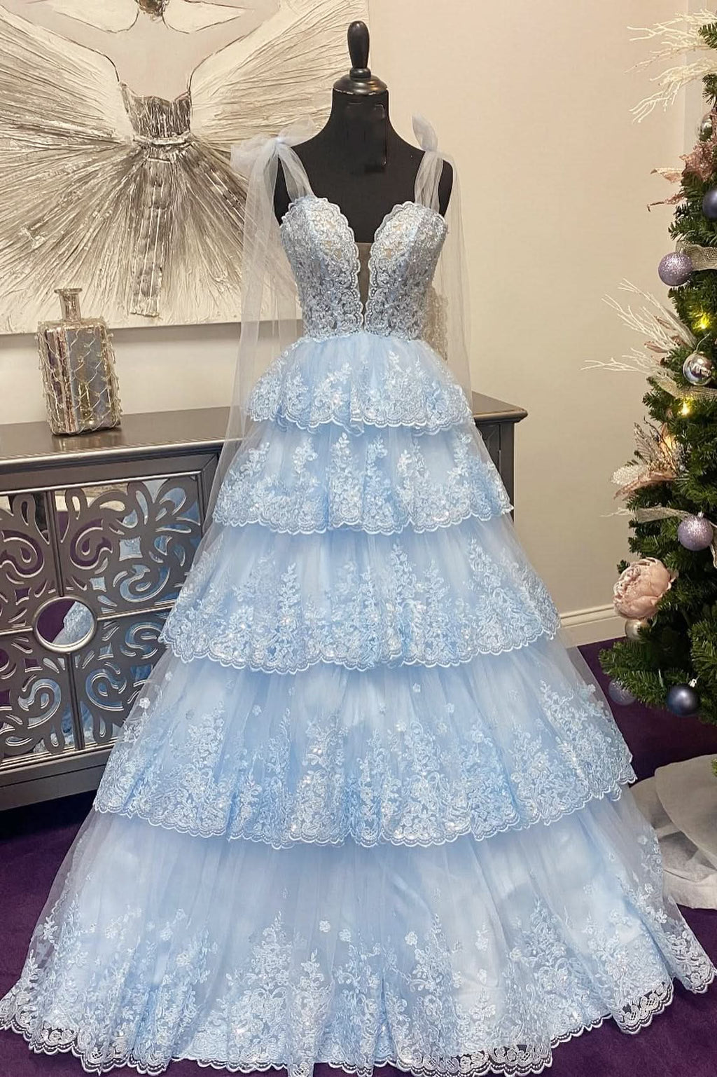 Charming Light Blue Tulle Appliques Tying Strap Ruffle Tiered Long Prom Dress BM bride