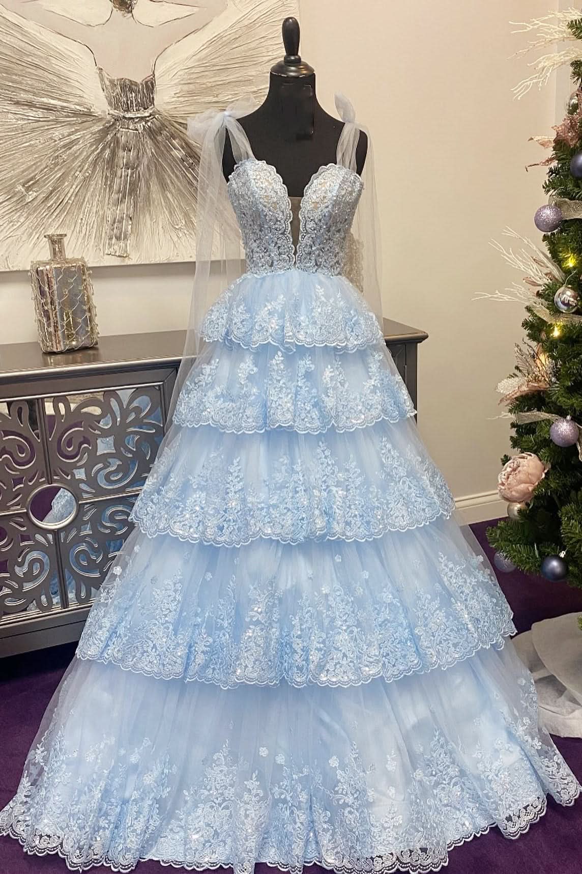 Charming Light Blue Tulle Appliques Tying Strap Ruffle Tiered Long Prom Dress BM bride