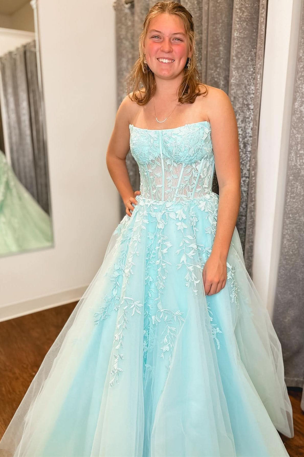 Lovely Aqua Blue Appliques Strapless A-Line Long Prom Dress BM bride