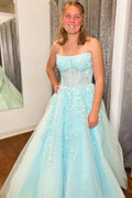 Lovely Aqua Blue Appliques Strapless A-Line Long Prom Dress BM bride