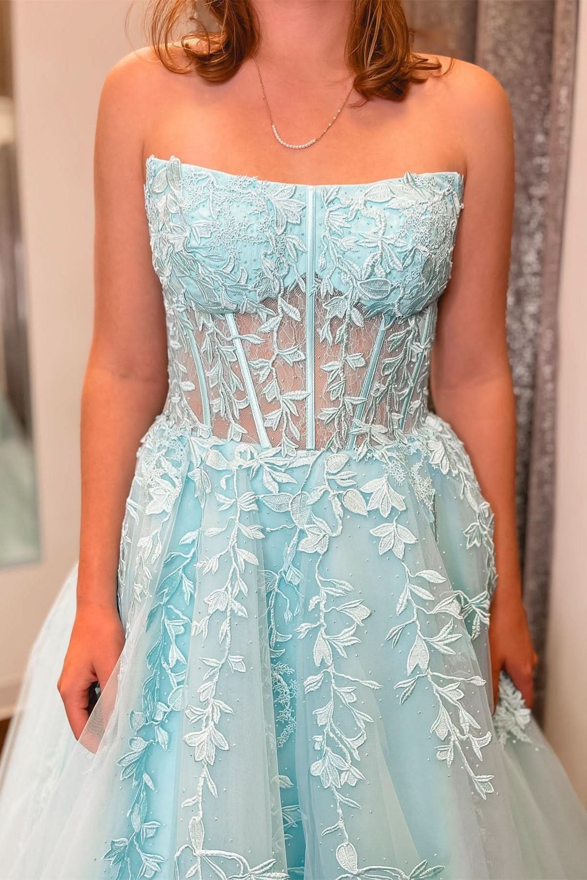 Lovely Aqua Blue Appliques Strapless A-Line Long Prom Dress BM bride