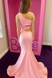 Stunning Pink One-Shoulder Cutout Trumpet Long Prom Dress BM bride