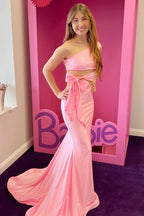 Stunning Pink One-Shoulder Cutout Trumpet Long Prom Dress BM bride
