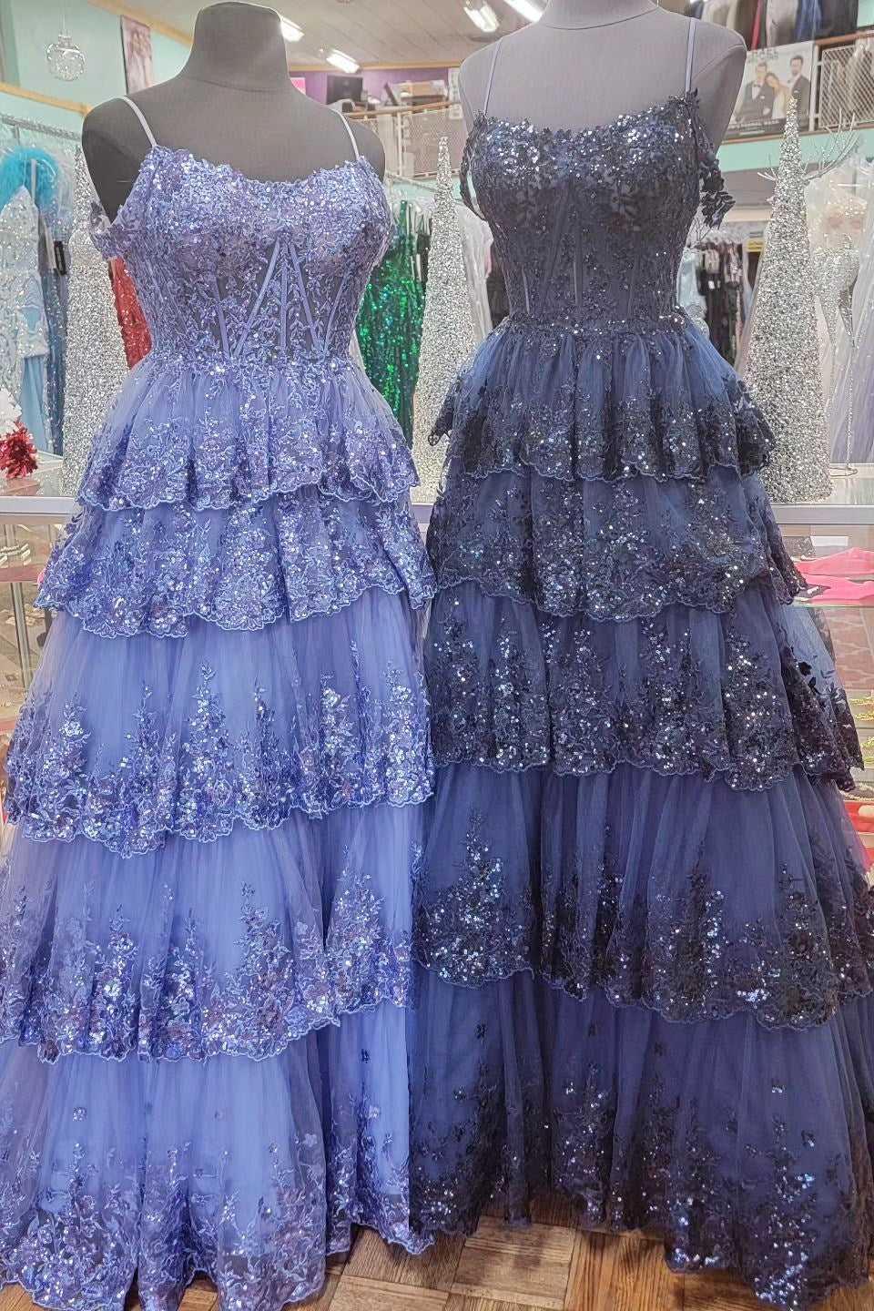 Playful Tulle Sequin Cold-Shoulder Ruffle Tiered Long Prom Dress BM bride