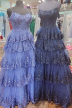 Playful Tulle Sequin Cold-Shoulder Ruffle Tiered Long Prom Dress BM bride