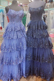 Playful Tulle Sequin Cold-Shoulder Ruffle Tiered Long Prom Dress BM bride