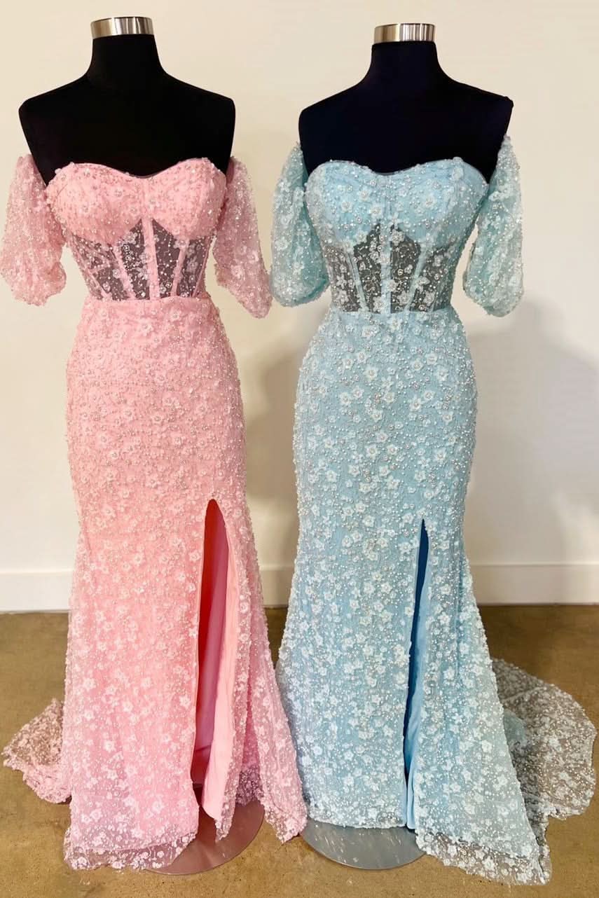 Romantic Pink 3D Floral Lace Sweetheart Mermaid Long Prom Dress with Slit BM bride