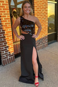 Chic One-Shoulder Black Sequin Cutout Long Formal Dress with a Gorgeous Slit BM bride