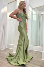 Graceful Sage Green Spaghetti Strap Backless Trumpet Long Gown BM bride