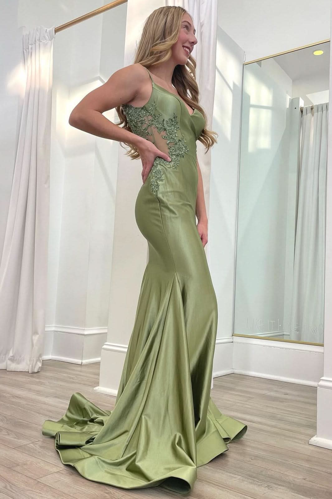 Graceful Sage Green Spaghetti Strap Backless Trumpet Long Gown BM bride
