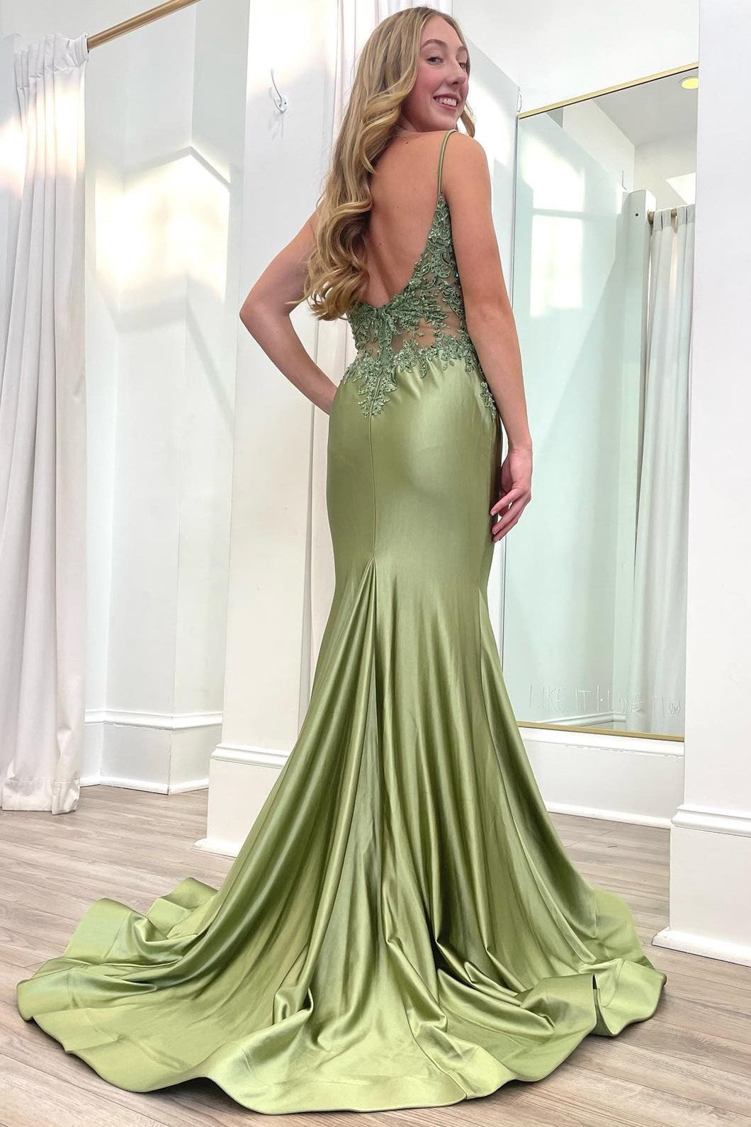 Graceful Sage Green Spaghetti Strap Backless Trumpet Long Gown BM bride
