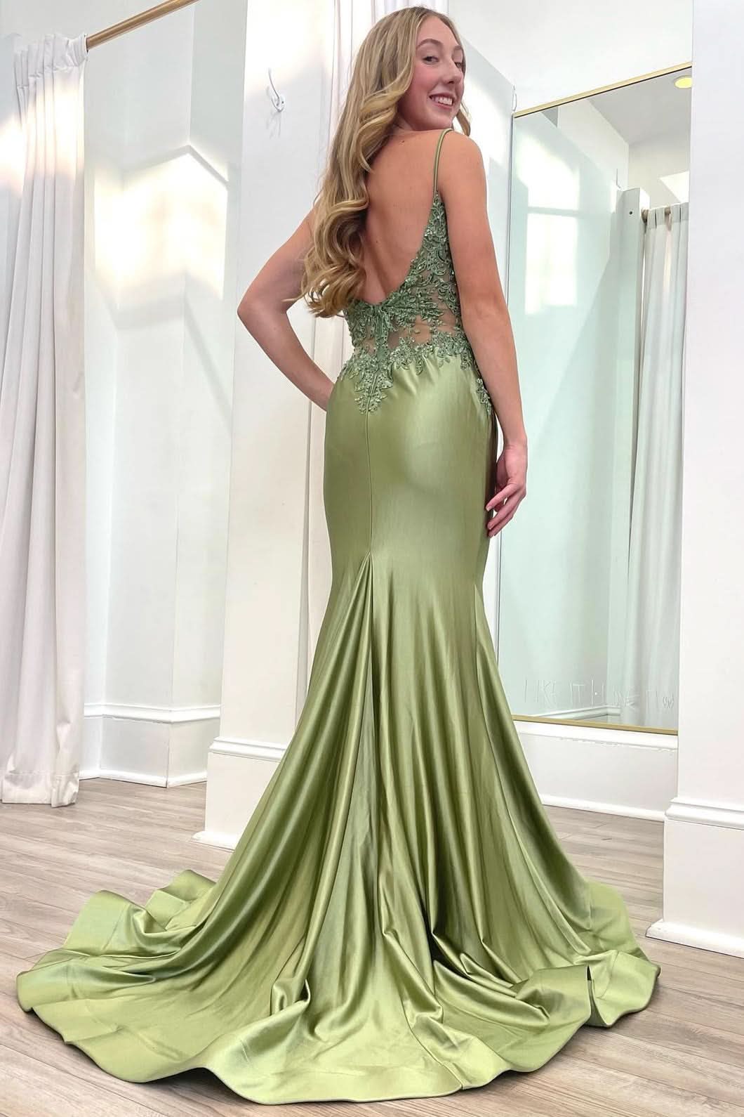 Graceful Sage Green Spaghetti Strap Backless Trumpet Long Gown BM bride