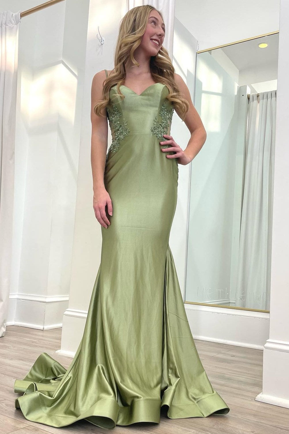Graceful Sage Green Spaghetti Strap Backless Trumpet Long Gown BM bride