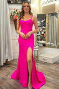 Hot Pink Scoop Neck Lace-Up Trumpet Long Formal Dress BM bride