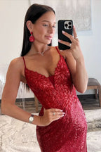 Dazzling Red Sequin Plunge V Backless Mermaid Maxi Dress with Slit BM bride