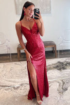 Dazzling Red Sequin Plunge V Backless Mermaid Maxi Dress with Slit BM bride